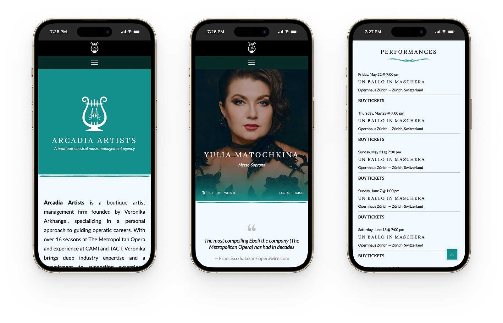 Arcadia Artists Management Website - Mobile view